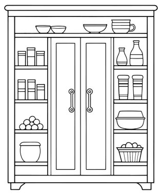 İç projeler ve yaratıcı renklendirme kavramları için ideal kavanoz ve kâselerle mutfak kiler çizimi
