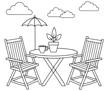 Bahçe sahnesinde sandalyeler, masa ve bitkiler huzurlu arka bahçeler ve rahat açık hava projeleri için mükemmel.