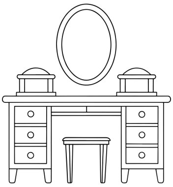 Ayna ve tabure tasarımlı zarif makyaj masası yatak odası dekorasyonu, mobilya ilhamı ve yaratıcı boyama projeleri için mükemmel.