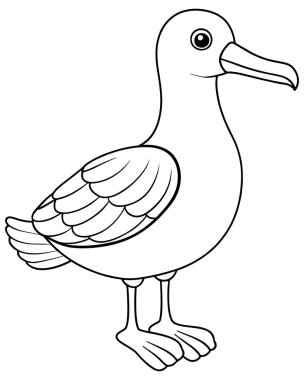 Çizgi film albatros çizgisi, siyah ve beyaz renkli. Uzun deniz kuşunun ayrıntılı kanatları ve belirgin uzun gaga çizimleri var.