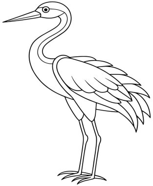 Uzun boyunlu uzun balıkçıl ve renklendirme ve öğrenme amaçlı ayrıntılı tüyler içeren zarif vinç çizimi.