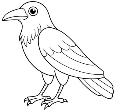 Geniş gagalı ve detaylı tüylü basit karga çizgisi çizimi çocuk boyama ve sanat faaliyetleri için mükemmeldir.