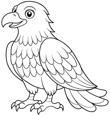 Çizgi film kartal çizgisi çizimi. Siyah beyaz çizim. Dost canlısı yırtıcı kuş renklendirici ve eğitici.