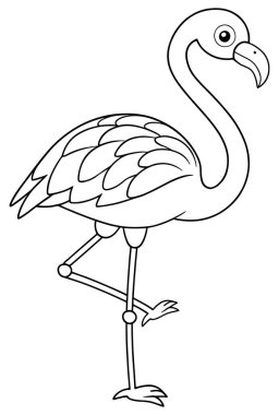 Çizilmiş flamingo çizimi, boynu kıvrımlı ve tüyleri çocuk boyama ve yaratıcı eğlence için mükemmel bir şekilde tek ayak üzerinde duruyor.