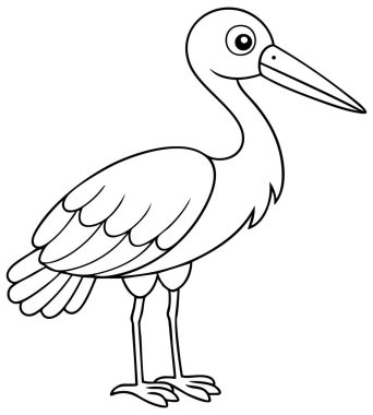 Uzun gagası ve tüyleri renklendirme sayfaları ve eğitim kaynakları için mükemmel olan basit çizgi film çizimi leylek çizimi