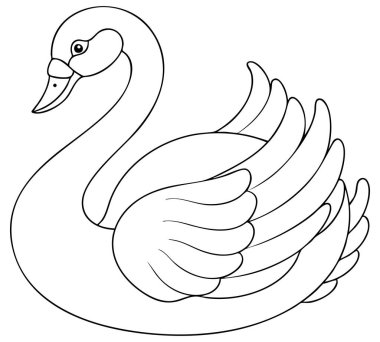 Renklendirme sayfaları ve yaratıcı eğitim sanat projeleri için siyah ve beyaz olarak tasarlanmış zarif kuğu tasviri