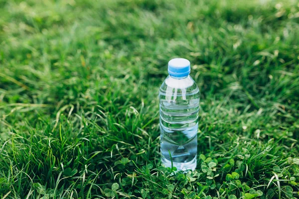 Transparent Plastic Water Bottle Green Grass Waste Pollution Recycling Concept — Stock Photo, Image