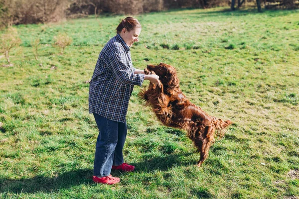 Human and a dog. Woman and her friend dog on the field background. Beautiful Irish Setter dog resting with girl in grass.