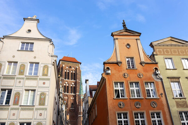 Old historical colorful building architecture facade of Old Town in Gdansk. Traveling Europe in summer. Vacation banner