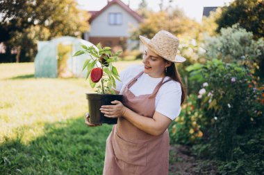 Bahçede duran biberli şapkalı bir kadın çiftçi. Doğal ürünler, biyolojik ekoloji, sebze yetiştirme, taze ürün. Küçük, yerel çiftlik.