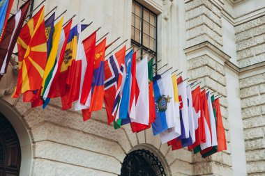 Rüzgarda dalgalanan ülkelerin ulusal bayrakları. Farklı ülkelerden renkli bayraklar. Avrupa 'da Güvenlik ve İşbirliği Teşkilatı