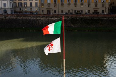 Florence City Bayrağı 'na yakın, beyaz arka planda kırmızı zambak. Toskana, İtalya, Avrupa