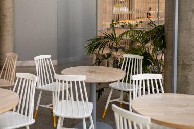 Modern restoran iç mimarisi. Boş bir tahta masa ve kafede sandalyeler.