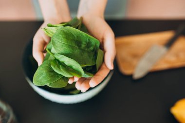 Evde mutfakta kadınların elinde yeşil bir ıspanak. Çiğ gıda diyeti ve sağlıklı beslenme konsepti. Üst Manzara. Menü, tarif kitabı afişi.