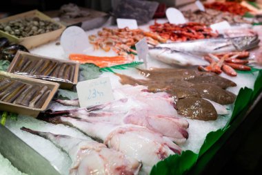 Taze deniz ürünleri ve balık bir pazarda Satılık.