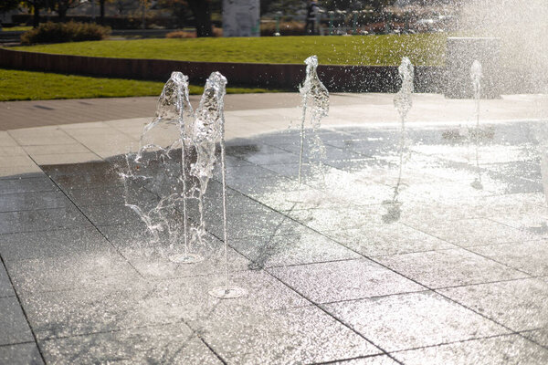 Water droplets spread from the fountain in the air. Splashing water from a fountain in the park. Vertical fountain jets in the sidewalk on the square in the city park