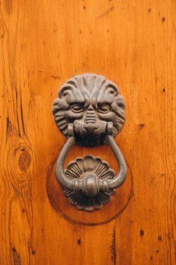 Aslan başı şeklinde antika pirinç kapı tokmağı, metal aslanlı kapı elementi..