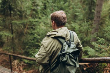 30 'lu yaşlarda doğa yürüyüşü yapan genç bir adam. Seyahat, macera. Aktif yaşam tarzı kavramı. Yüksek kalite fotoğraf. Arkadan bak. Sonbahar yürüyüşçüsü doğa ormanında..