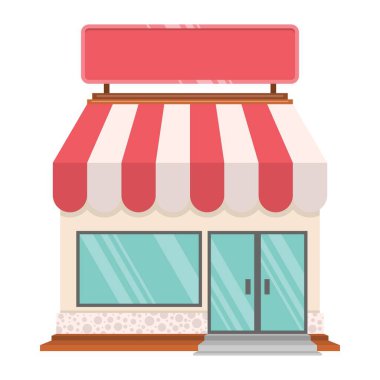 Mağaza önü daire tasarımı, market konsepti, farklı marketli süpermarket, düz stil dükkan küçük ikonu. Beyaz arkaplanda vektör ortamı izole edildi.