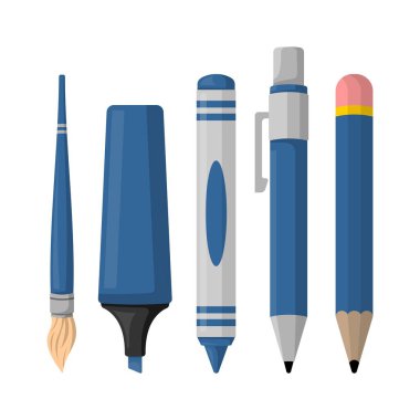 Yazma aletleri, kalemler, kalemler, pastel kalemler, kalemler ve fırçalar, hepsi maviydi. Vektör ve EPS 10 dosyaları şeffaf beyaz arkaplan üzerinde özelleştirilebilir ve izole edilmiştir.