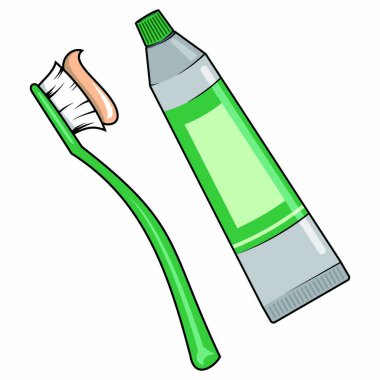 Diş fırçası ve Diş macunu Simgesi, Ağız Temizliği için Düz Tasarım Vektörü, Renkli Çizgili Yapıştırıcı ve Diş Sağlığı Konsepti