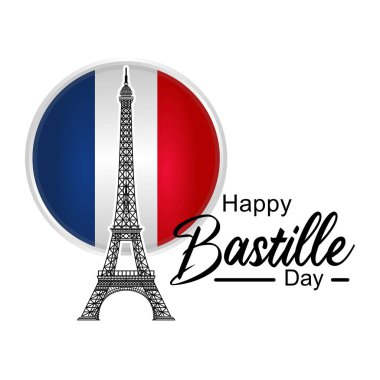 Vector Illustration, kart, afiş ya da afiş, 14 Temmuz, Fransız Ulusal Günü için. İniş Sayfası Şablonu için Düz Çizgi Film 'de Fransız Bayrağı ve Eyfel Kulesi ile Bastille Günü Kutlamanız kutlu olsun. eps