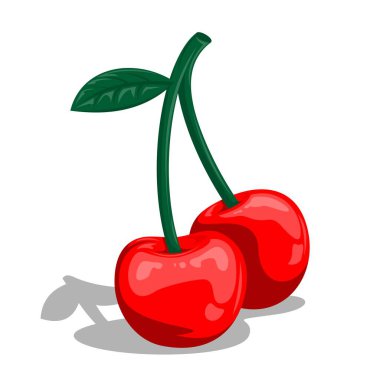 Yaprak ikonlu kırmızı kiraz üzümü. Beyaz arka planda kiraz çizimi. Tatlı vişneli sağlıklı yemek. Düz renkli düz çizgi film biçimi.