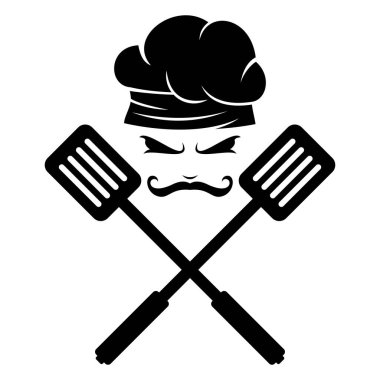 Siyah spatula, beyaz arkaplanda izole edilmiş, simgeler, logolar, semboller, işaretler, amblemler, rozetler vesaire için uygun, şef şapka vektör düzenlenebilir EPS biçimi ile çaprazlanmış. Aşçı, restoran, mutfak vesaire..