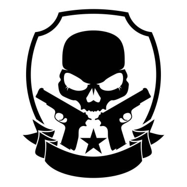 Vektör logo tasarımı bir kafatası, iki silah, bir yıldız, bir kurdele ve arkasında bir kalkandan oluşur. siyah ve beyaz tek renkli logot tipi. Simgeler, logolar, amblemler, rozetler, semboller vs. için uygun