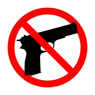 Silah işareti yok, yasak uyarısı işareti yok, yasaklandı. Yasak bölge, tabancaya izin yok. Vektör resim silueti, resimleme beyaz arkaplanda izole edildi.