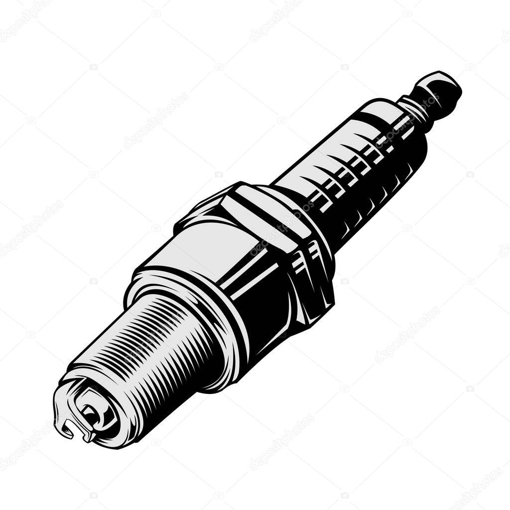 Spark plug for motorbike or car spare parts isolated on white background, black and white vector spark plug, flat cartoon illustration, icon, symbol, etc