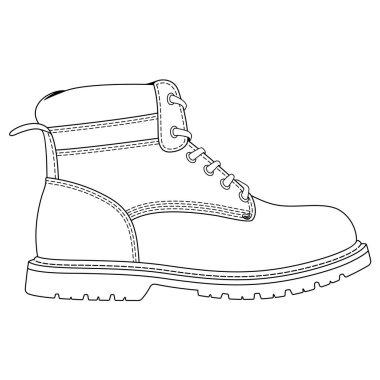 Beyaz arka planda izole edilmiş çizmelerin çizgili çizme çizgisi çizimi. Güvenlik ayakkabı ikonu, sembol, logo, rozet, amblem. Çocuk boyama kitabı için ayakkabı tasarımı. Güvenli ayakkabılar imza gerektiriyor..