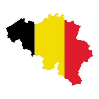 Belçika haritası Vektör illüstrasyonu. Sembol, poster, Belçika bayrağı. Ulusal bayrağın süslendiği Belçika haritası. Belçika bayrağıyla özetlenmiş ve doldurulmuş ülke şekli