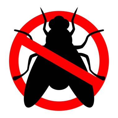 Böceklere karşı sinek işaretini durdur. Beyazda izole edilmiş böcek siluetleri olan uyarı sembolünün vektör çizimi. Temizlik, böcek ilacı.