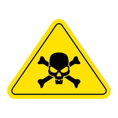 Uyarı, kafatası simgesi içeren tehlikeli bir sembol. Dikkat çekici kafatası amblemi. Sarı üçgen dizaynlı tehlikeli bir zehir. Vektör grafik illüstrasyonu.