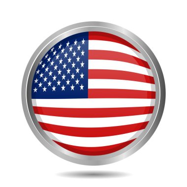 Amerika Birleşik Devletleri bayrağı 3 boyutlu kubbe düğmesi ve parlak küre veya top üzerinde, parlak vektör simgeleri, beyaz arkaplanda izole edilmiş.