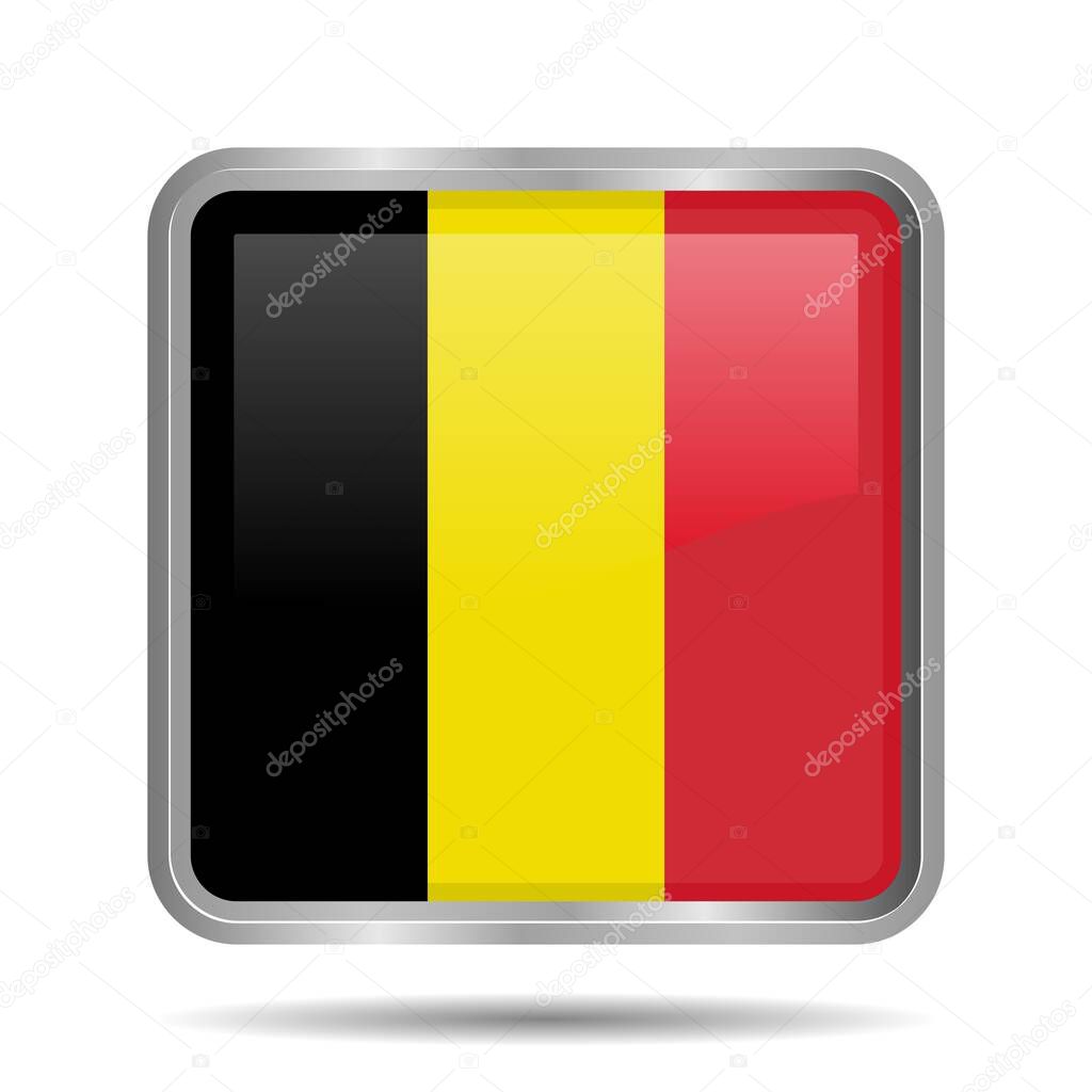 Glossy Belgian flag icon with shiny rectangular or square button shape in silver frame isolated on white background. EPS 10 Vector Illustration