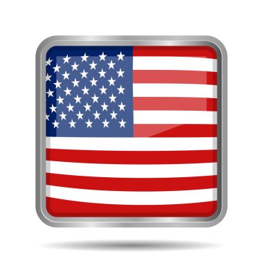 American Flag 3D Parlak Vektör İllüstrasyonu, Dikdörtgen veya Kare Şekil, Ölçeklenebilir EPS Dosyası. Zarif gümüş çerçeveli kare Amerikan bayrağı düğmeleri, prim ve parlak.