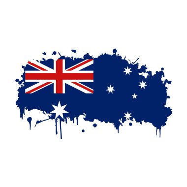 Beyaz Arkaplanda izole edilmiş Avustralya Bayrağı ile Boya Sıçratma Şeklinin düzenlenebilir EPS Grafiği. Grunge Avustralya mürekkebi yayılmış bayrak vektörü.