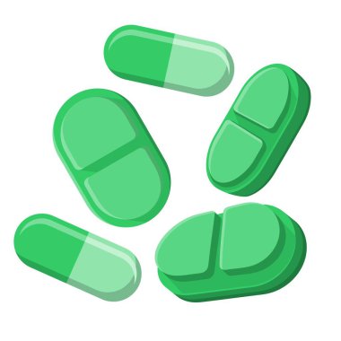 Farklı haplarla ilaç konsepti, vektör vitamin hapları ikonu. Beyaz arka planda 3 boyutlu düz stil. Eczane, tıbbi ve sağlık konsepti çizimi. Yeşil Haplar