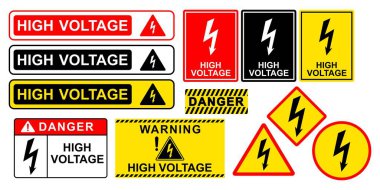 Yüksek voltaj işareti seti. Dikkat, tehlike ya da uyarı işareti, elektrik tehlike işareti koleksiyonu. Vektör çizimi. Beyaz arkaplanda izole
