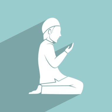 Dua eden müslüman bir adamın vektör çizimi. Müslümanların Tanrı 'ya dua etme ikonu. İslami bereli Müslüman bir adamın silueti. Düzenlenebilir ve ölçeklenebilir EPS dosyaları.