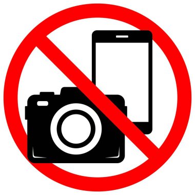 Üstü çizilmiş kamera ve telefon simgeleriyle kırmızı yasaklama işareti. Fotoğraf çekmek ya da kayıt yapmak yasak. Düz Çizgi Film Biçimi, Grafik Tasarım için Beyaz, Düzenlenebilir Vektör EPS