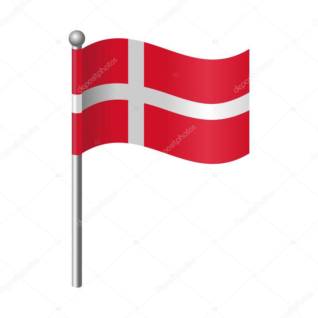 Official Denmark Flag Waving on a Flagpole Icon - Isolated on White Background, Editable and Scalable Vector EPS File for Graphic Design Elements, Symbols, and Backgrounds