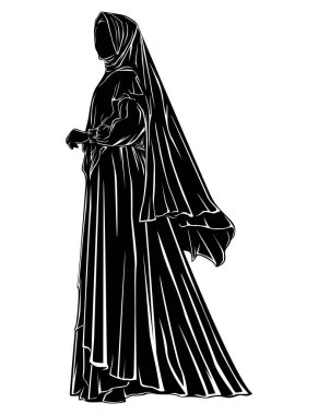 Akan Başörtüsü 'ndeki zarif Müslüman Kadın, Siyah ve Beyaz Siluet Vektör İllüzyonu. Düzenlenebilir ve ölçeklenebilir EPS Dosyası, Grafik Tasarım, Yazdırma, İşleme, Kesme vs. için Mükemmel
