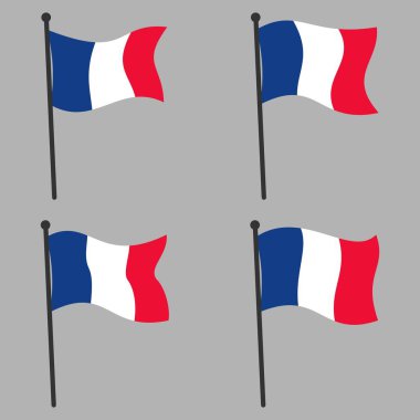 Bayrak direkleri üzerinde dalgalanan Fransız Bayrakları, Gri Arkaplanda izole edilmiş, Grafik Tasarım Elemanları için Düz Biçim Vektör Simgesi, Yazdırma ve Web için Düzenlenebilir ve Ölçeklenebilir EPS Resimleri.