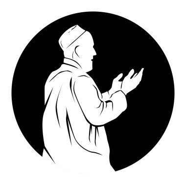 İslami Tasarım ve Grafikler İçin Beyaz Üzerine İzole EPS, Düzenlenebilir ve Ölçeklenebilir Çizgi Çizgisi Resim EPS 'sinde Kaldırılmış Eller Simgesi ile Namaz Kişi