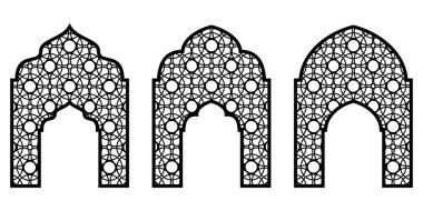 Sanat, Paneller, Kapılar ve Doğu Dekorasyonu İçin İslami Çerçeve, Arch ve Geometrik Desen, Sınırlar ve Mashrabiya Tasarımı, Düzenlenebilir ve Ölçeklenebilir EPS Dosyası