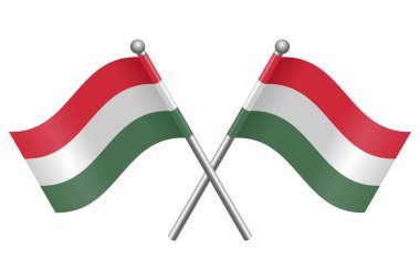 Çapraz Macaristan Bayrakları Vektör İllüstrasyonu Gümüş Bayrak Direkleri, Basit Tasarım, Beyaz Arkaplanda İzole EPS Simgeler, Posterler ve Grafiksel Projeler İçin Düzenlenebilir EPS