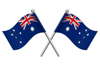 Düzenlenebilir 3d biçim simgesi ve ölçeklenebilir ep dosya illüstrasyonuna sahip siyah bir direğin üzerinde iki çapraz Avustralya bayraklarının vektörü, tasarım ögesi, amblem, poster, vb..